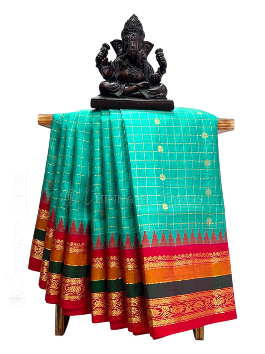 Gap Border Checks Teal Sea Pure Silk Saree