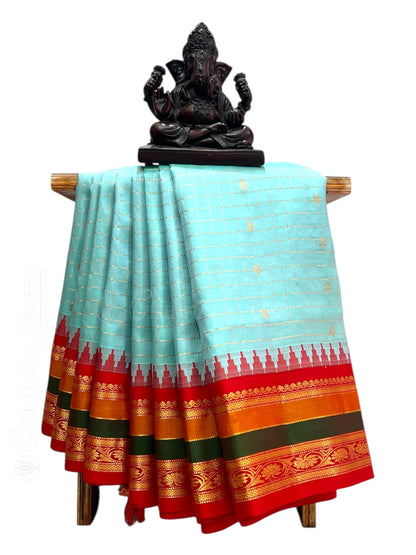 Gap Border Checks Light Sky Blue Pure Silk Saree