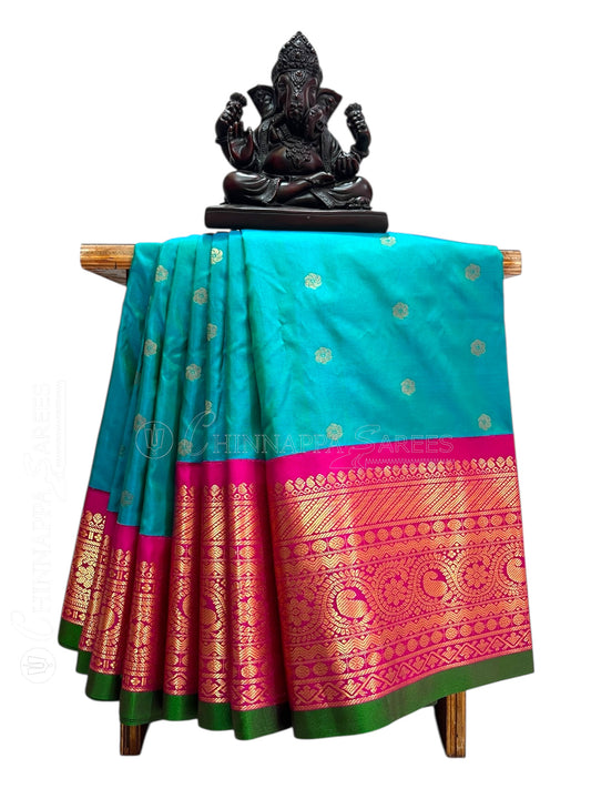 Gadwal Big Border Rama Blue Pure Silk Sarees
