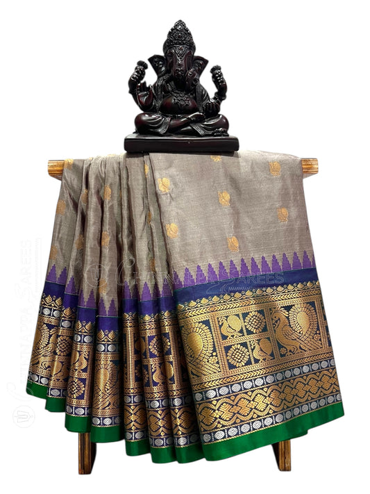 Gadwal Peacock Border Grey Silk Saree