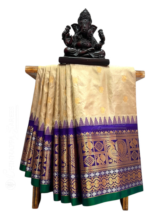 Gadwal Peacock Border Cream Silk Saree