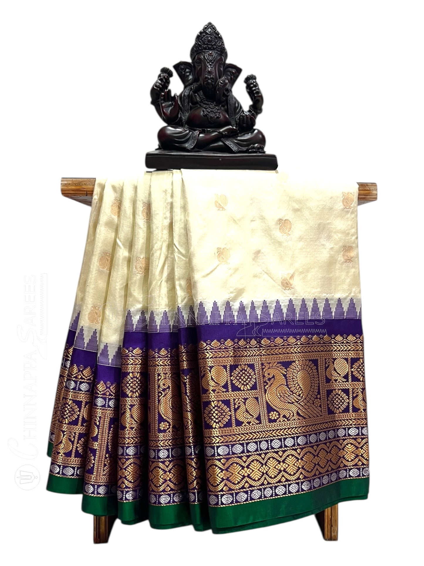Gadwal Peacock Border Half White Silk Saree