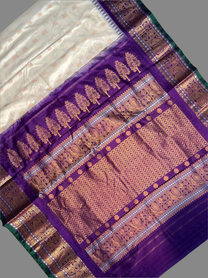 Gadwal Peacock Border Half White Silk Saree