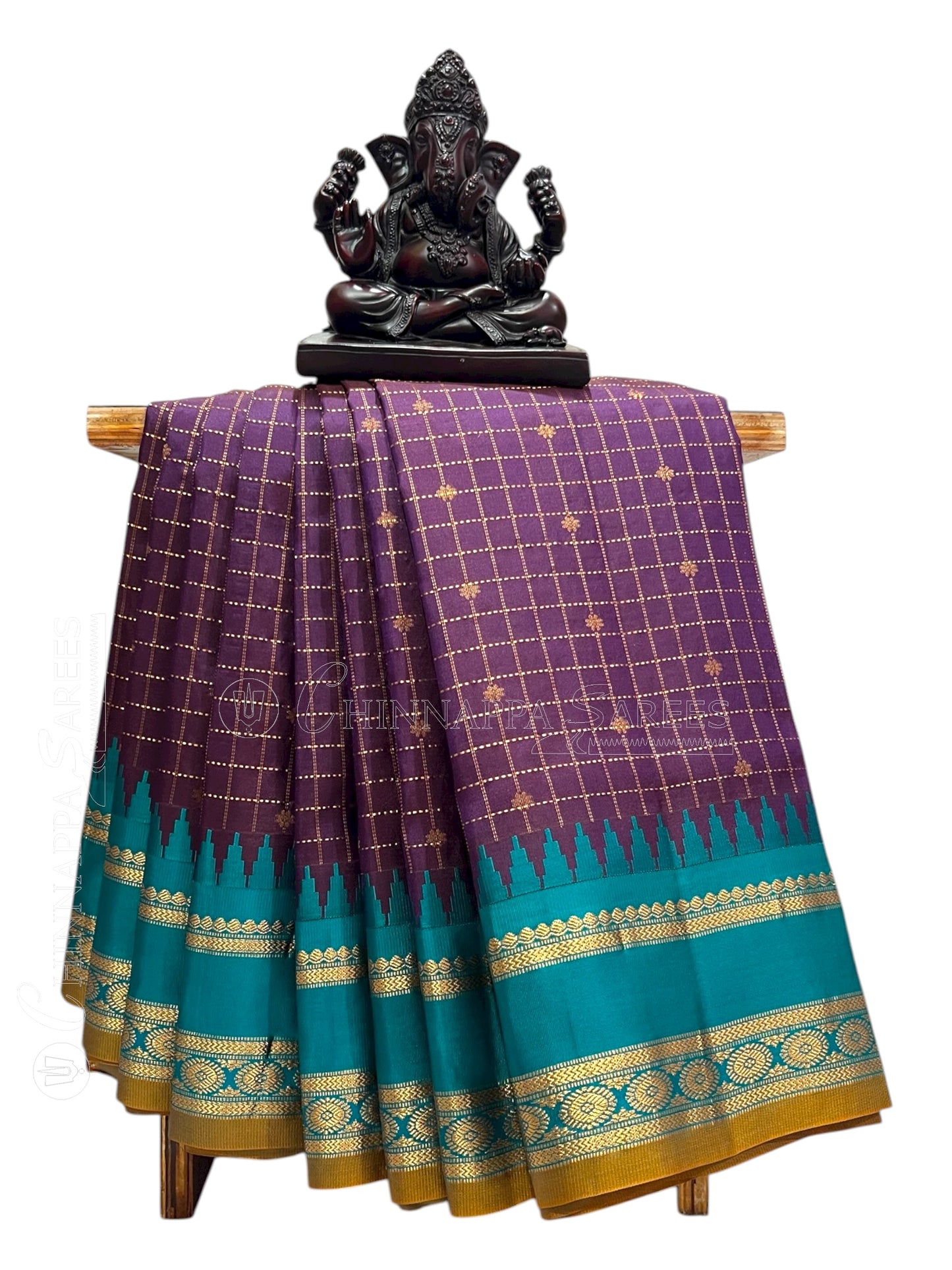 Gap Border Checks Dark Violet Pure Silk Saree