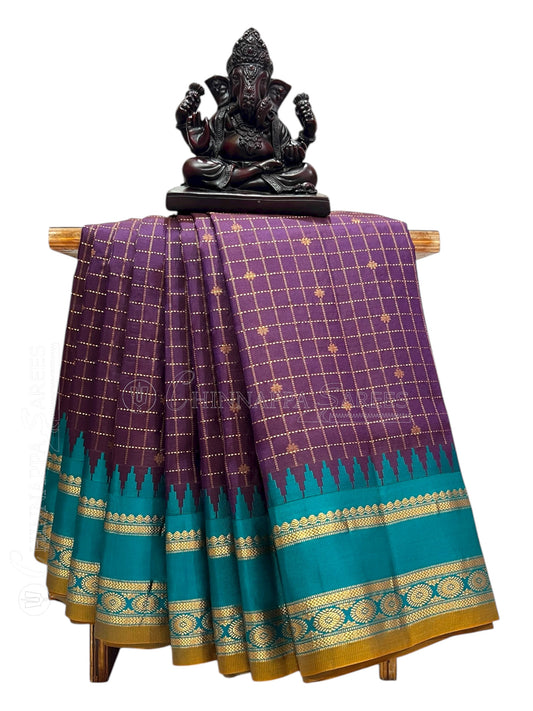Gap Border Checks Dark Violet Pure Silk Saree