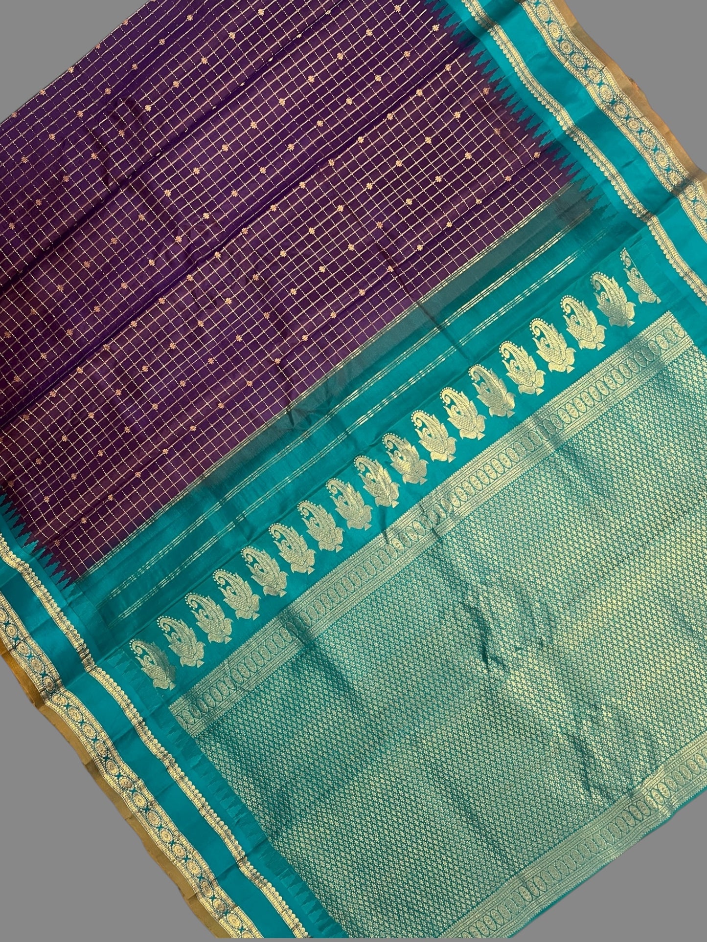 Gap Border Checks Dark Violet Pure Silk Saree