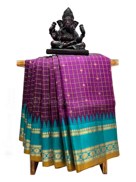 Gap Border Checks Dark Magenta Pure Silk Saree