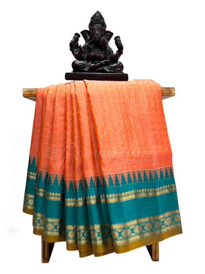 Gap Border Checks Peach Orange Pure Silk Saree