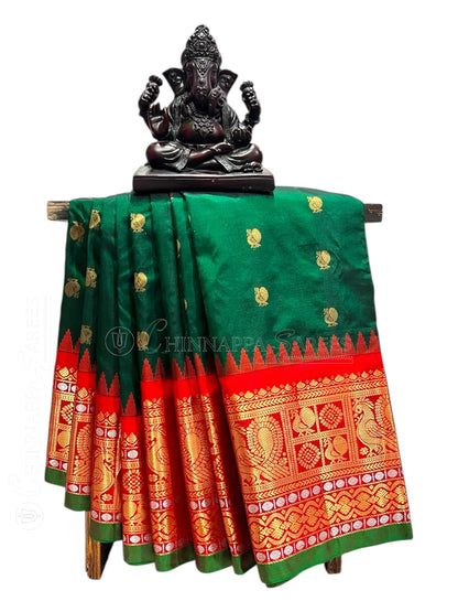 Gadwal Peacock Border Dark Green Silk Saree