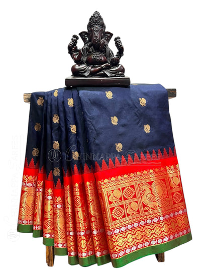 Gadwal Peacock Border Dark Blue Silk Saree