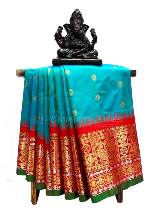 Gadwal Peacock Border Rama Green Silk Saree