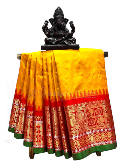 Gadwal Peacock Border Yellow Silk Saree