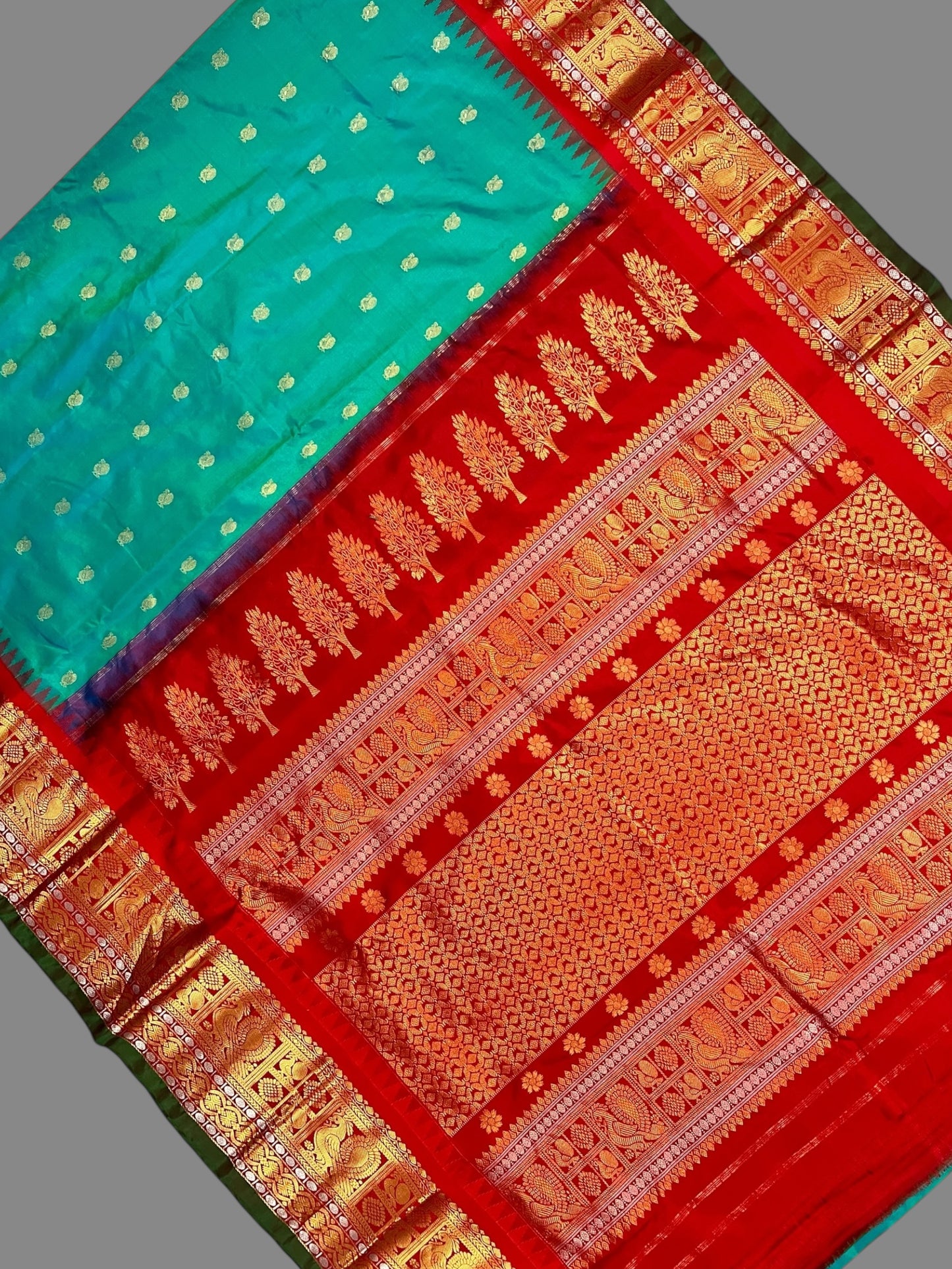 Gadwal Peacock Border Rama Green Silk Saree