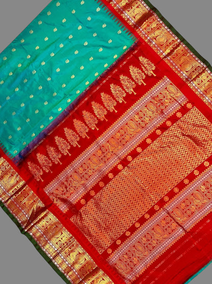 Gadwal Peacock Border Rama Green Silk Saree