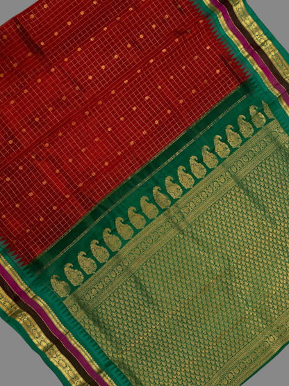 Gap Border Checks Dark Maroon Pure Silk Saree