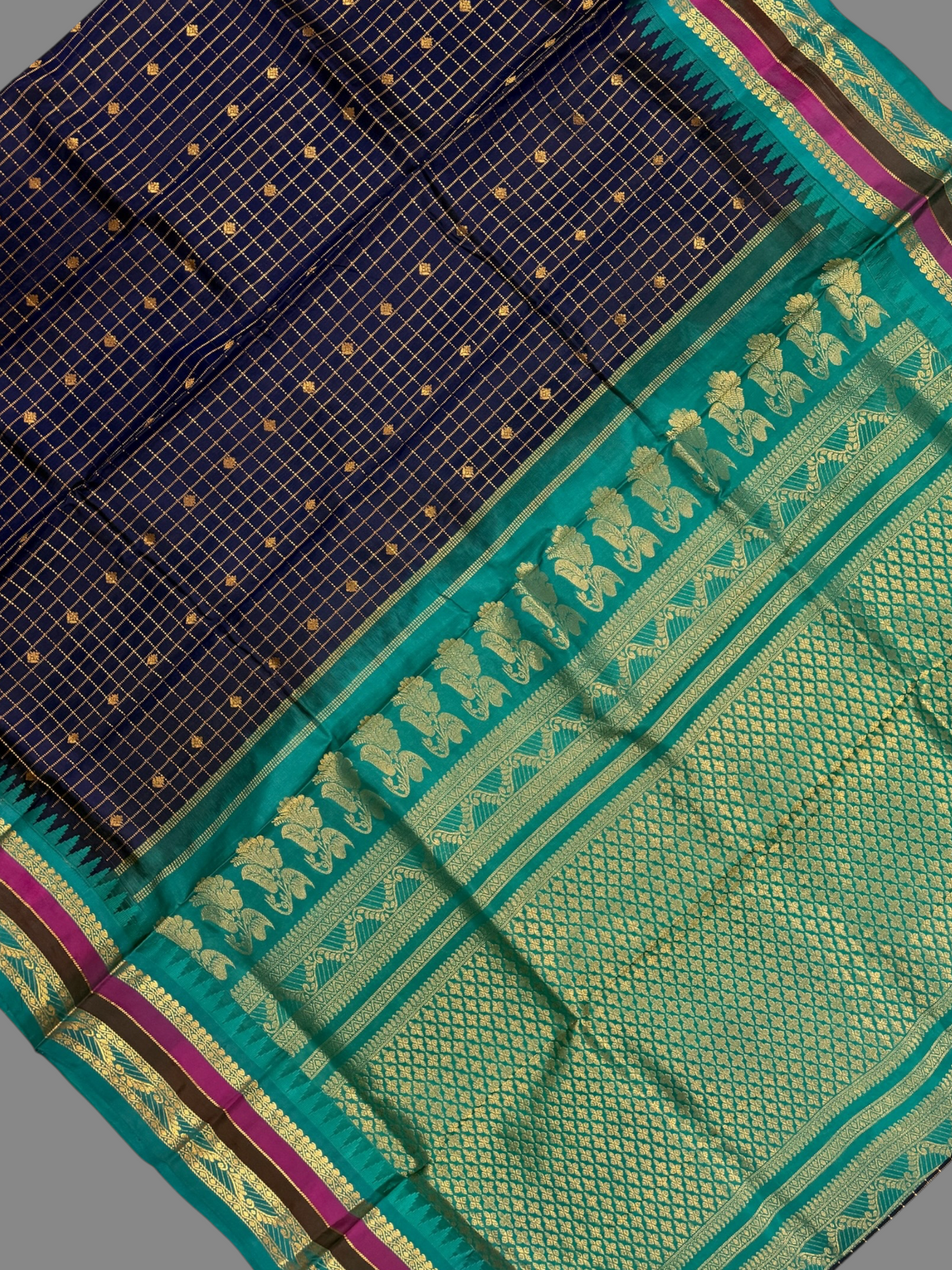 Gadwal Border Checks Dark Magenta Pure Silk Saree