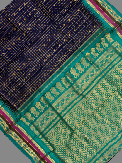 Gadwal Border Checks Dark Magenta Pure Silk Saree