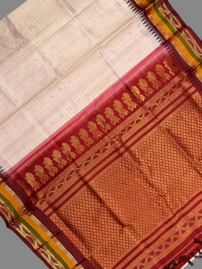 Gap Border Checks Off-White Pure Silk Saree