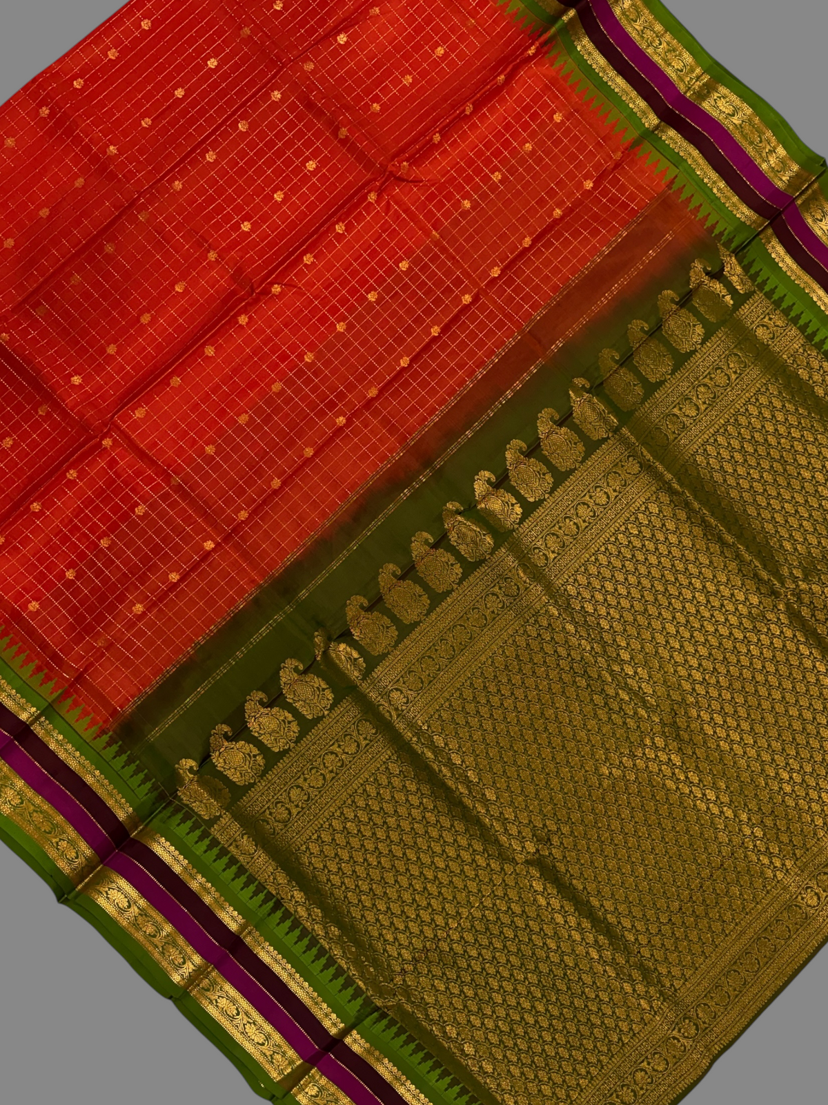 Gadwal Border Checks Orange Pure Silk Saree