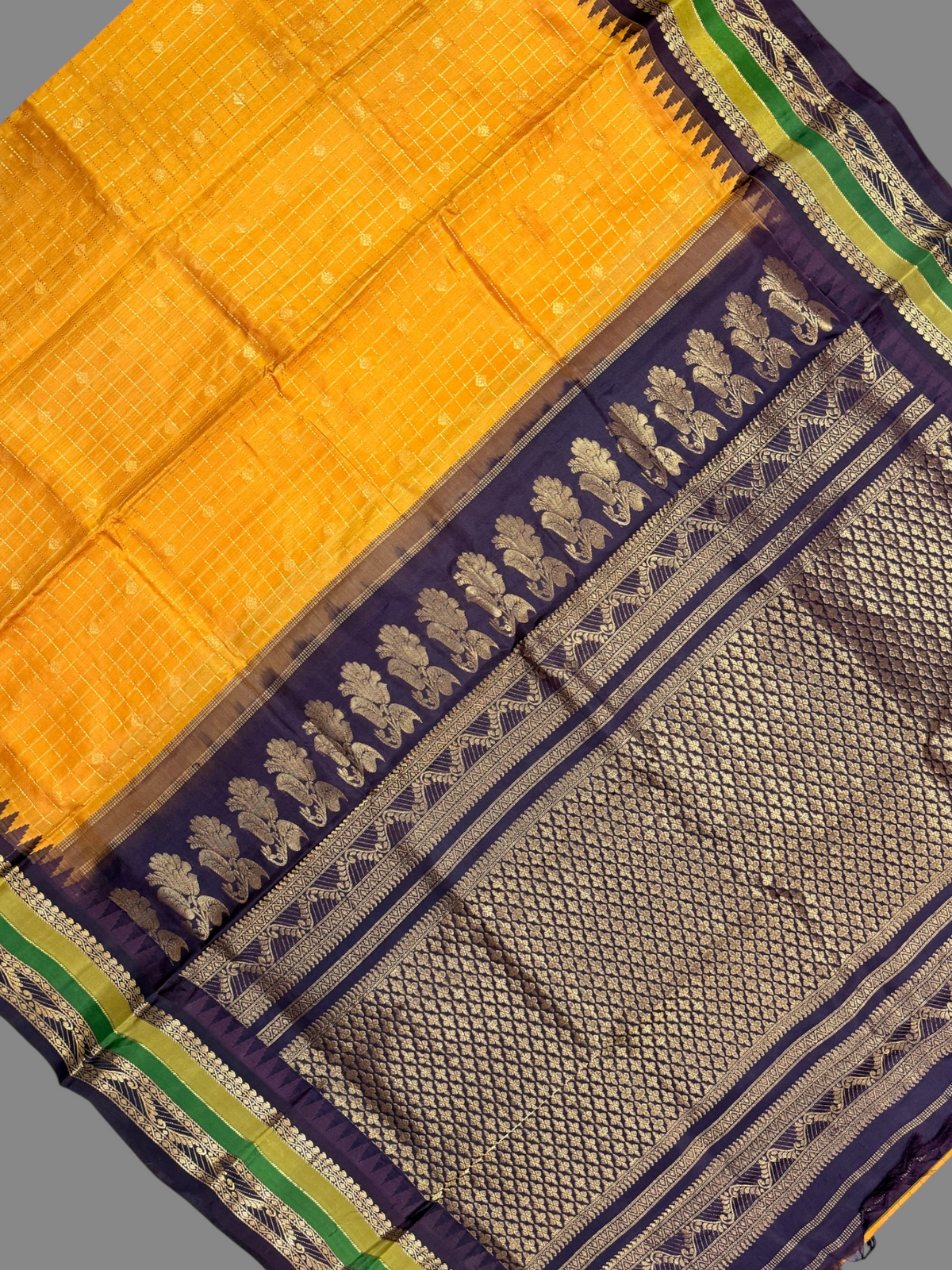 Gadwal Border Checks Lemon Yellow Pure Silk Saree