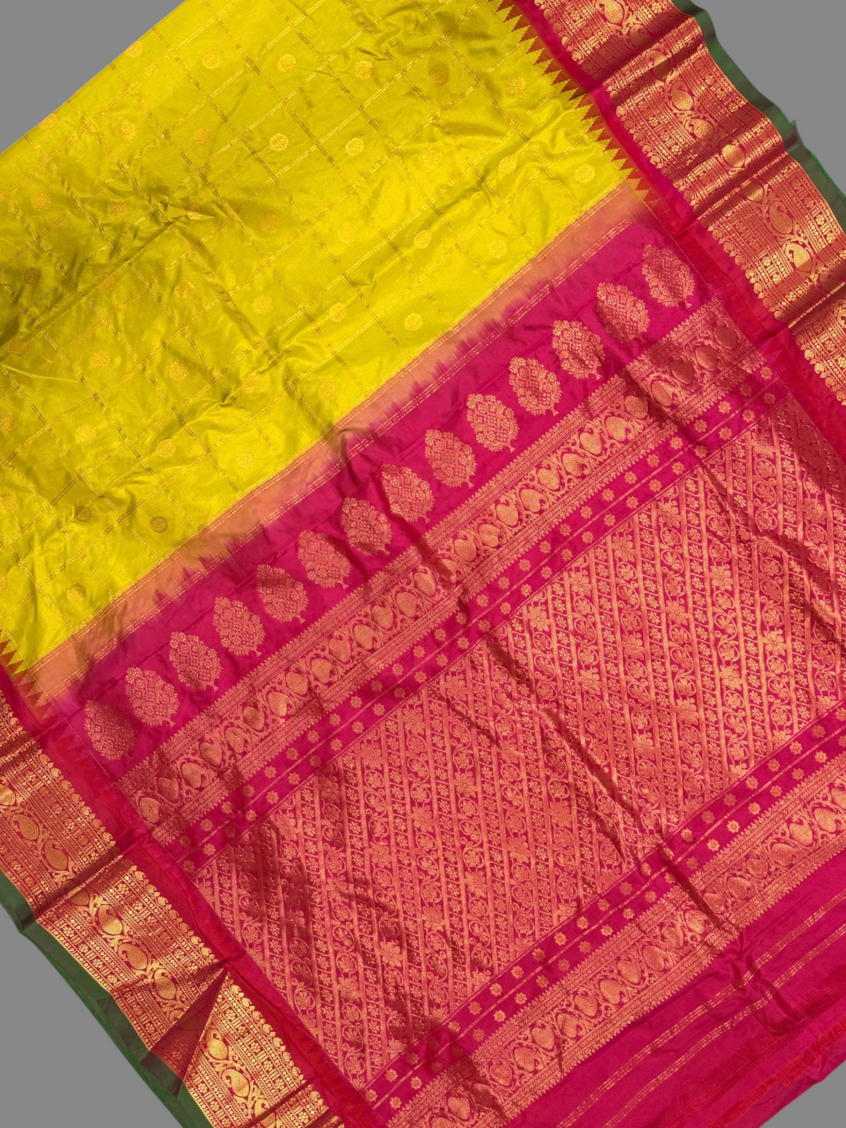 Bridal Big Checks Butta Lime Green Pure Silk Sarees