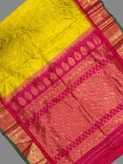Bridal Big Checks Butta Lime Green Pure Silk Sarees