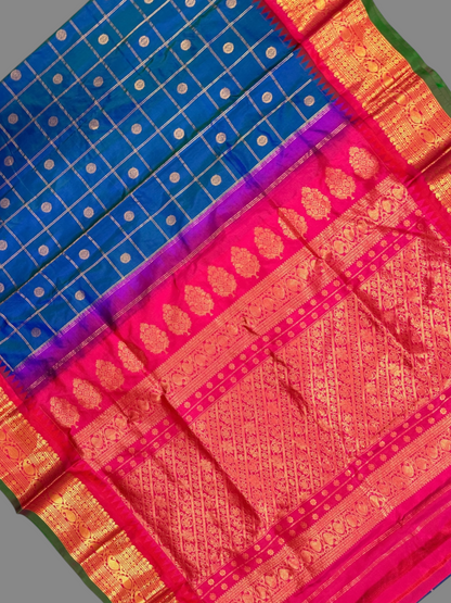 Bridal Big Checks Butta Royal Blue Pure Silk Sarees