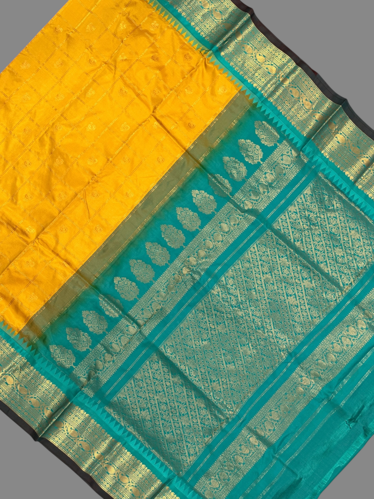 Bridal Big Checks Butta Mustard Pure Silk Sarees