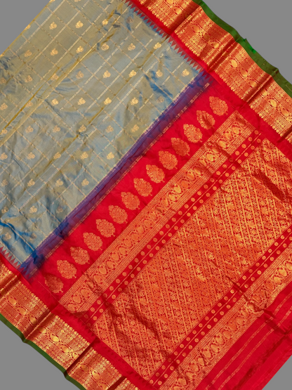 Bridal Big Checks Butta Sky Blue Pure Silk Sarees