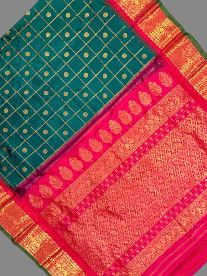 Bridal Big Checks Butta Emerald Green Pure Silk Sarees