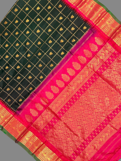 Bridal Big Checks Butta Bottle Green Pure Silk Sarees