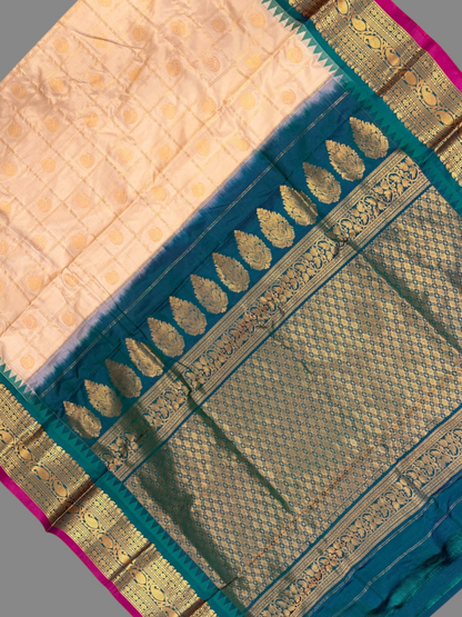 Bridal Big Checks Butta Half White Pure Silk Sarees