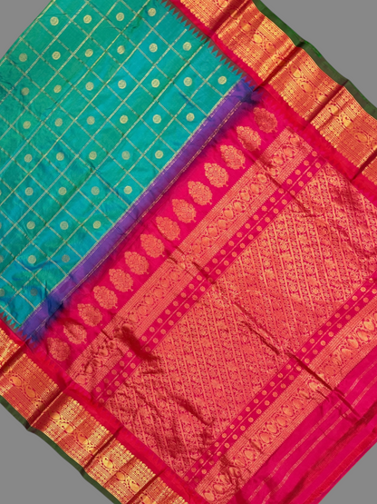 Bridal Big Checks Butta Ananda Blue Pure Silk Sarees