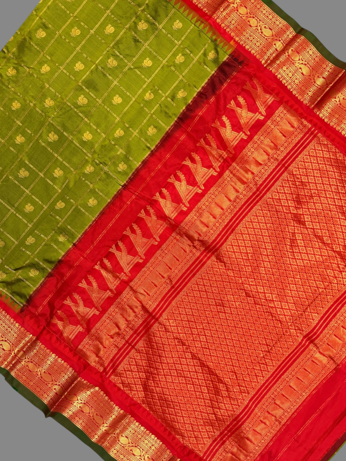 Bridal Big Checks Butta Mehndi Green Pure Silk Sarees