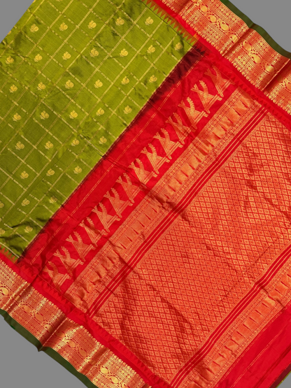 Bridal Big Checks Butta Mehndi Green Pure Silk Sarees