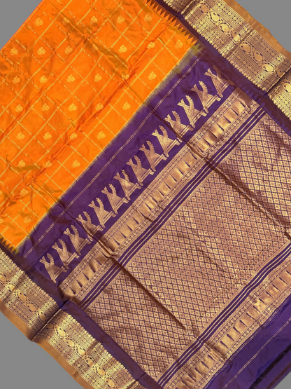 Bridal Big Checks Butta Marigold Yellow Pure Silk Sarees