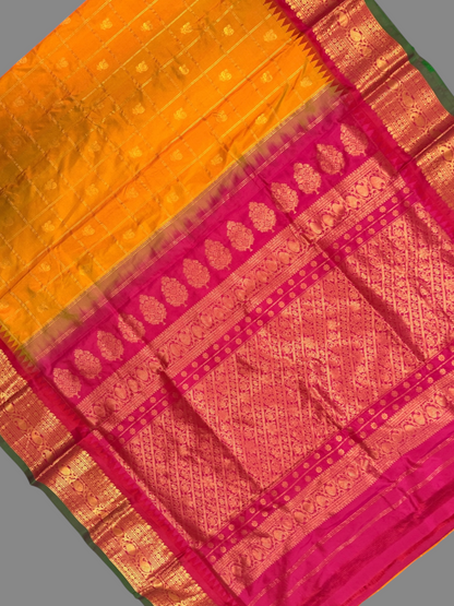 Bridal Big Checks Butta Golden Yellow Pure Silk Sarees
