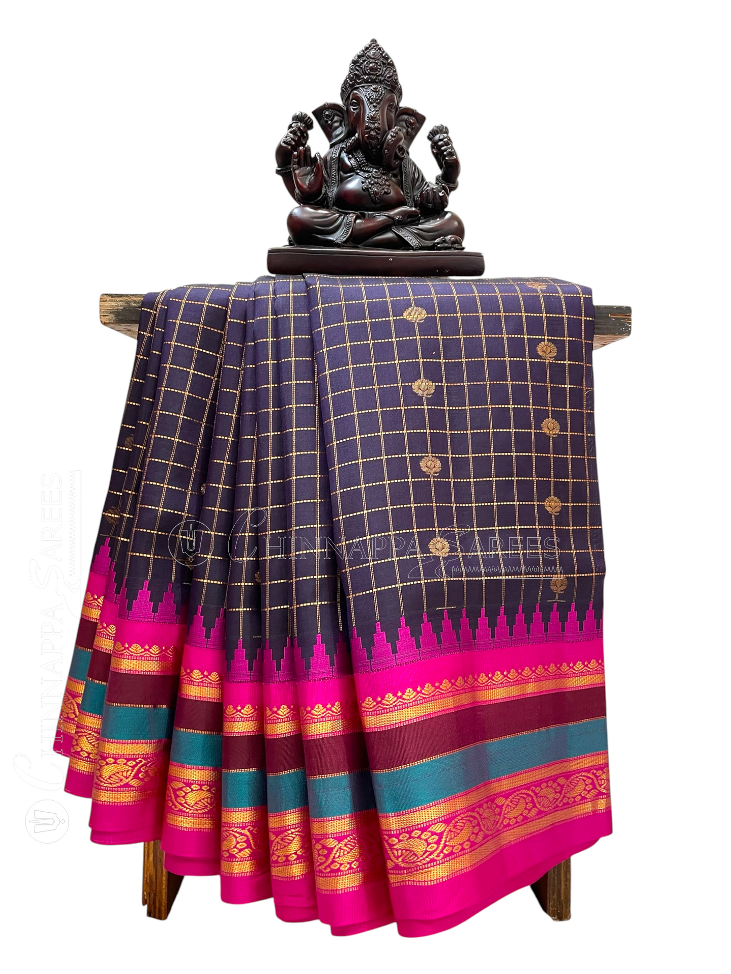 Gap Border Checks Dark Blue Pure Silk Saree