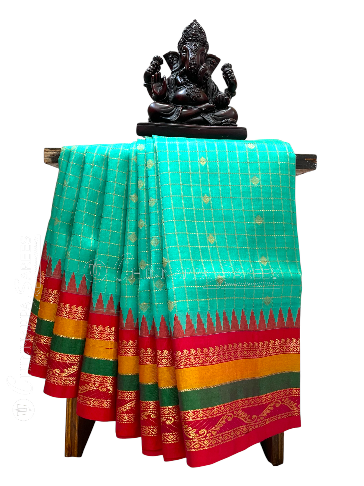 Gap Border Checks Teal Sea Pure Silk Saree
