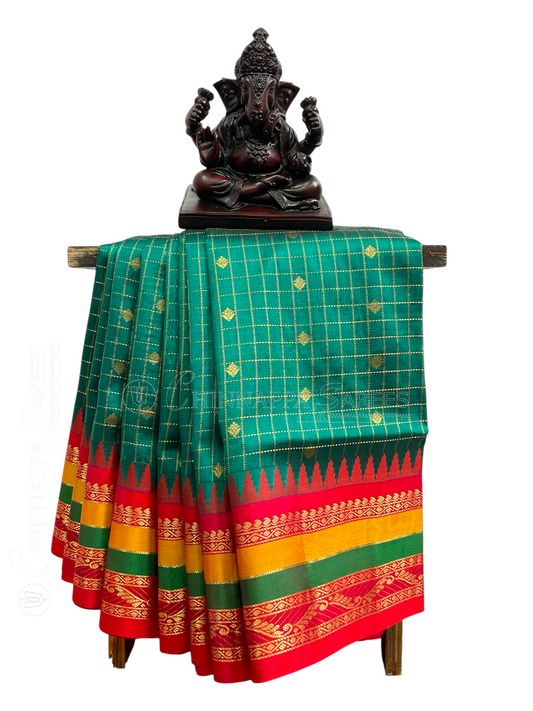 Gap Border Checks Dark Green Pure Silk Saree