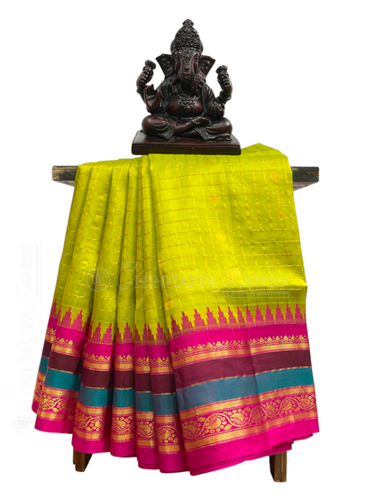 Gap Border Checks Light Lemon Green Pure Silk Saree