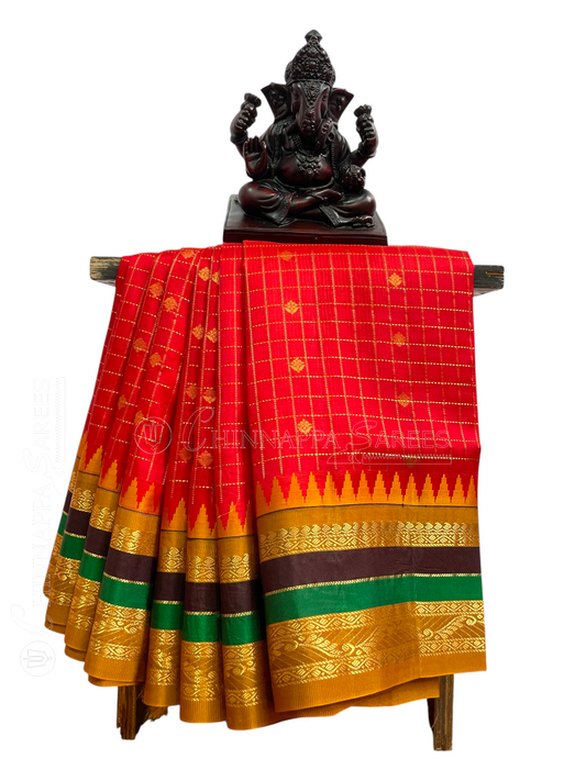 Gap Border Checks Red Orange Pure Silk Saree