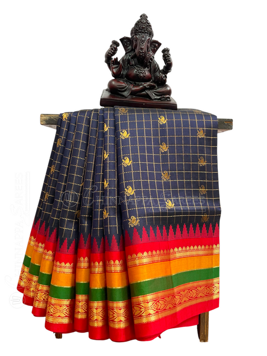 Gap Border Checks Dark Blue Pure Silk Saree