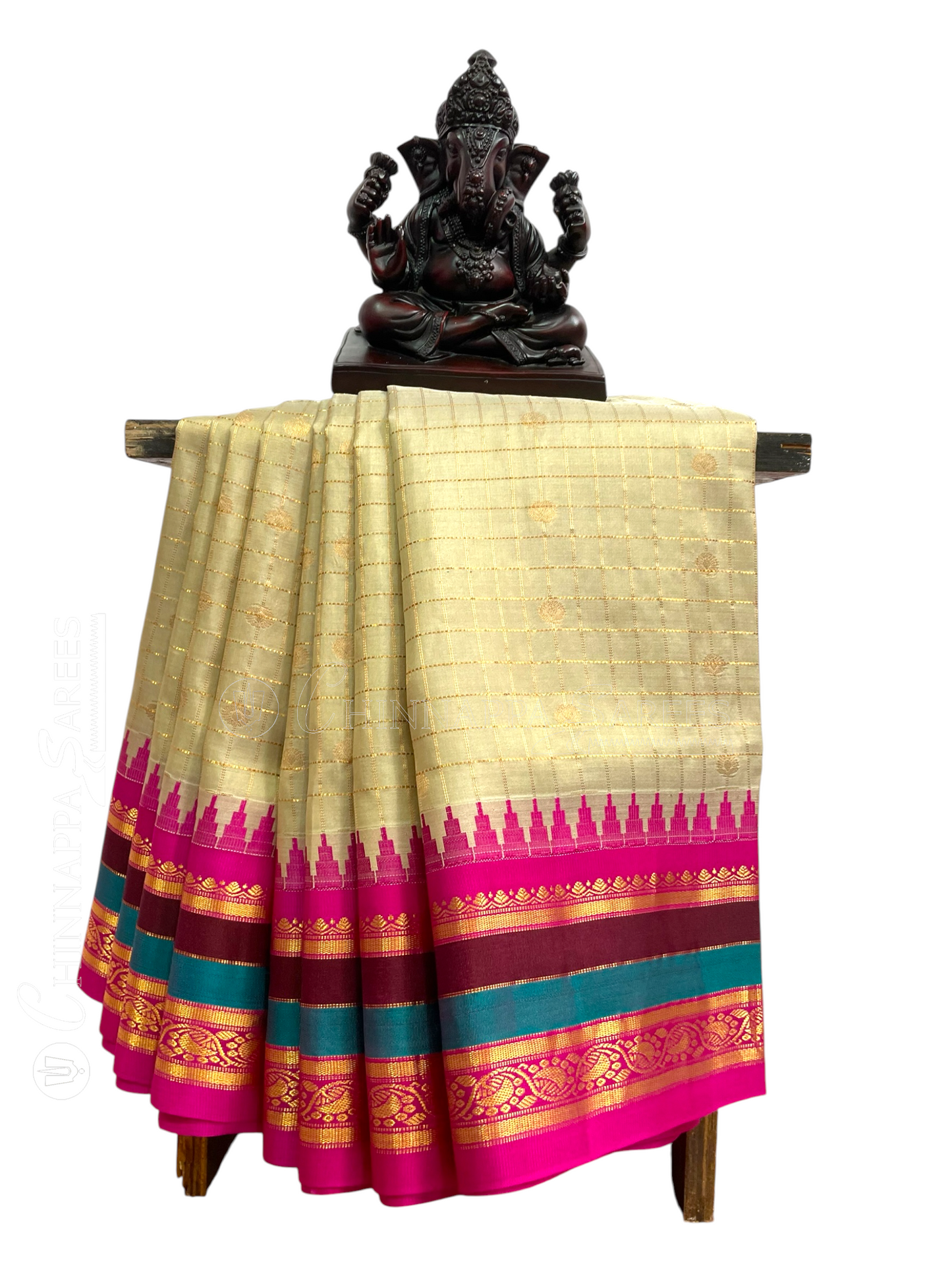Gap Border Checks Half White Pure Silk Saree