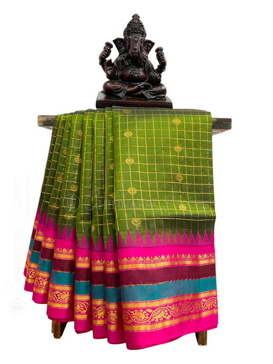 Gap Border Checks Dull Green Pure Silk Saree