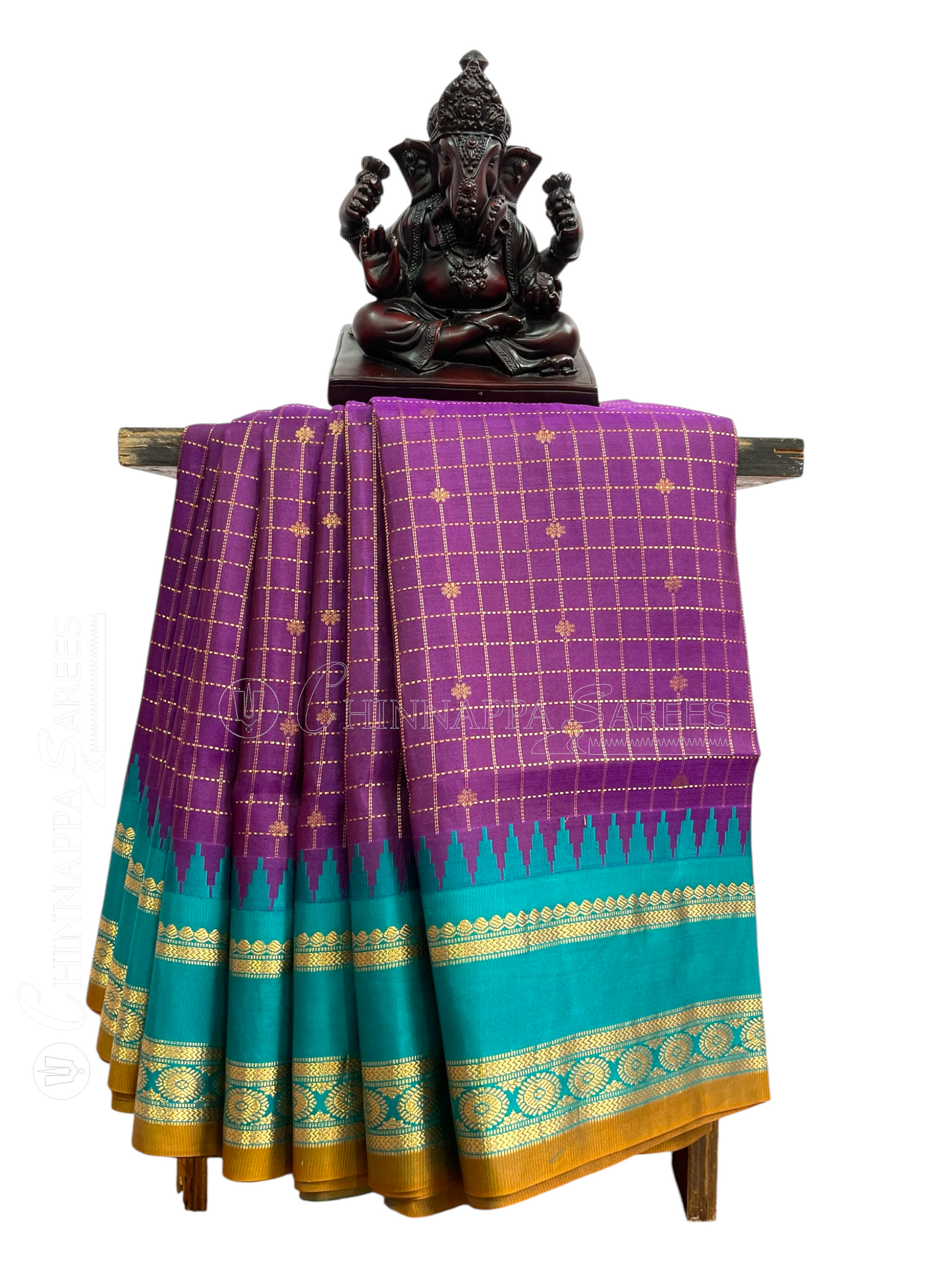 Gap Border Checks Dark Violet Pure Silk Saree