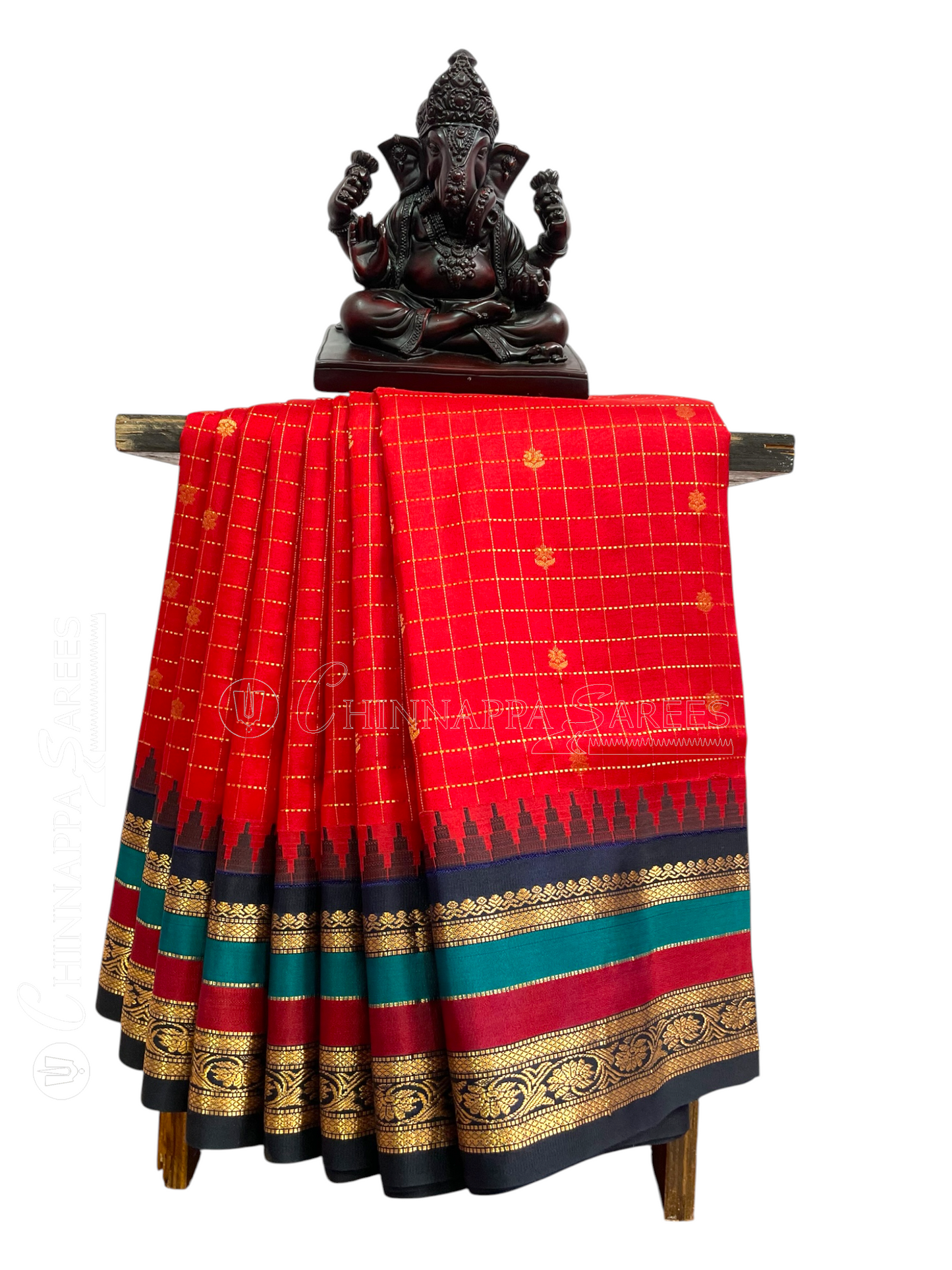 Gadwal Border Checks Red Blue Pure Silk Saree