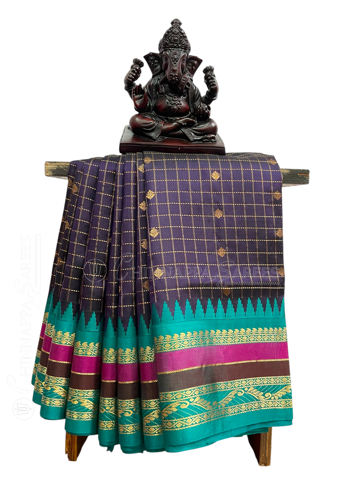 Gap Border Checks Navy Blue Pure Silk Saree
