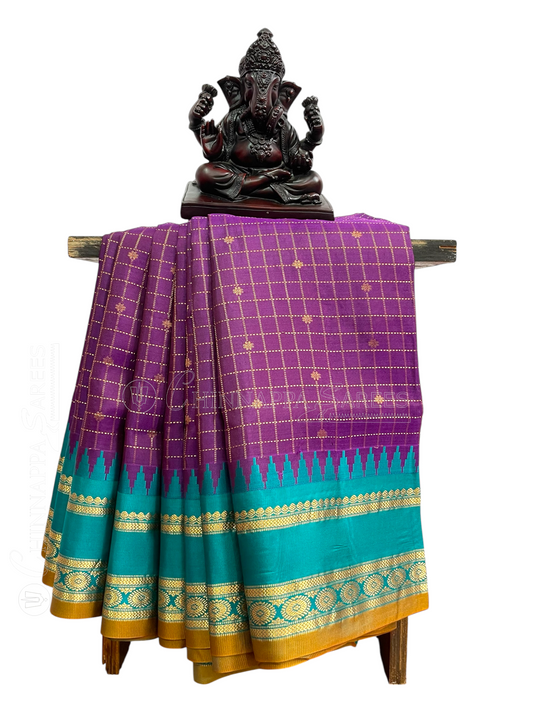 Gadwal Border Checks Dark Magenta Pure Silk Saree