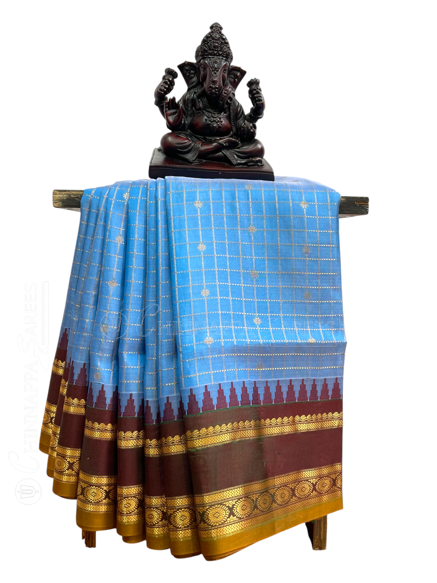 Gap Border Checks Light  Blue Pure Silk Saree